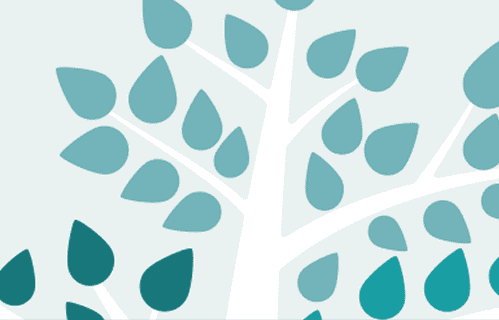 Stylized illustration of a white tree with blue and teal leaf shapes on a light background.